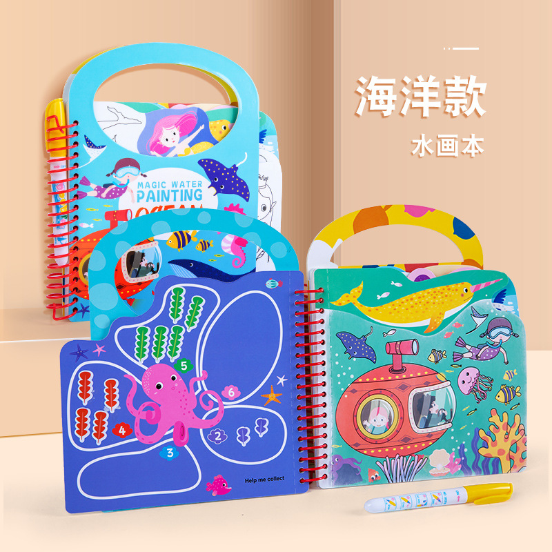 Educación temprana para niños, inteligencia, bricolaje, juego completo de dibujos de agua de animales de dinosaurios marinos hechos a mano, ayudas de aprendizaje Montessori