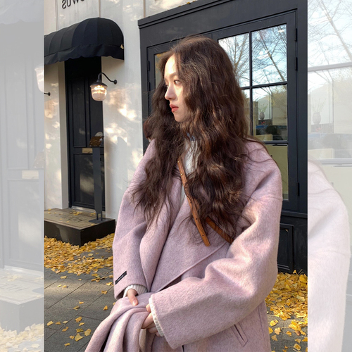 紫色双面羊绒大衣女秋冬季长款新款小个子韩系赫本风毛呢外套