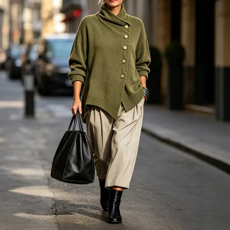 Cross-border autumn retro olive green high-neck knitted cardigan with asymmetrical diagonal placket and gold buttons, a casual outerwear piece Cross-border autumn retro olive green high-neck knitted cardigan with asymmetrical diagonal placket and gold buttons, a casual outerwear piece