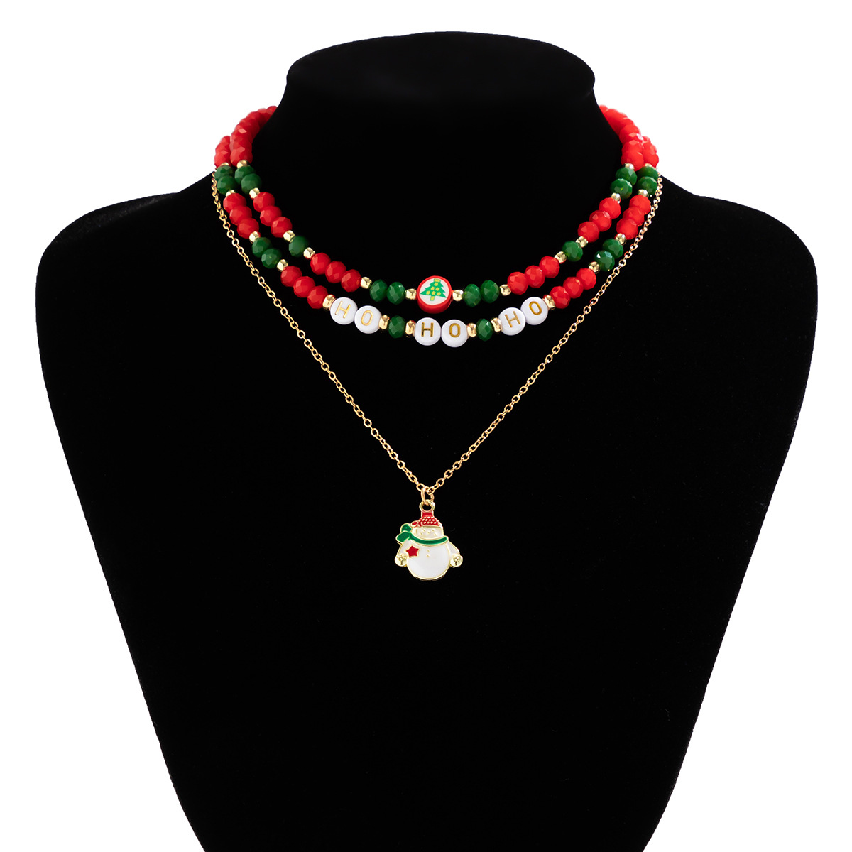 Christmas Beaded Choker Necklace With Crystal Snowman Charms_voghion.com
