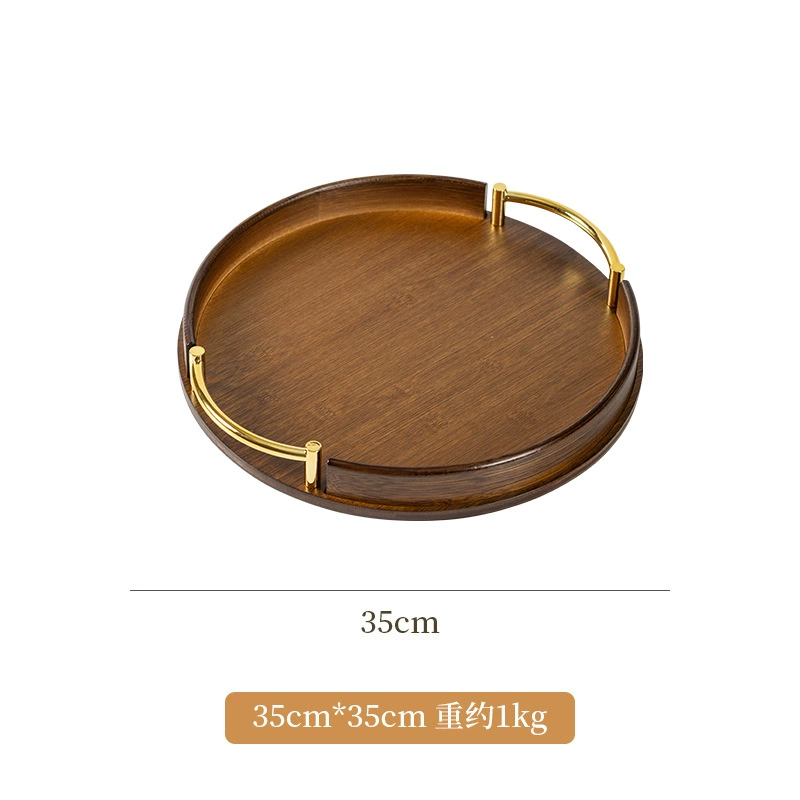 Bamboo serving tray, round with handles, wood‑tone finish, 25/30/35 cm