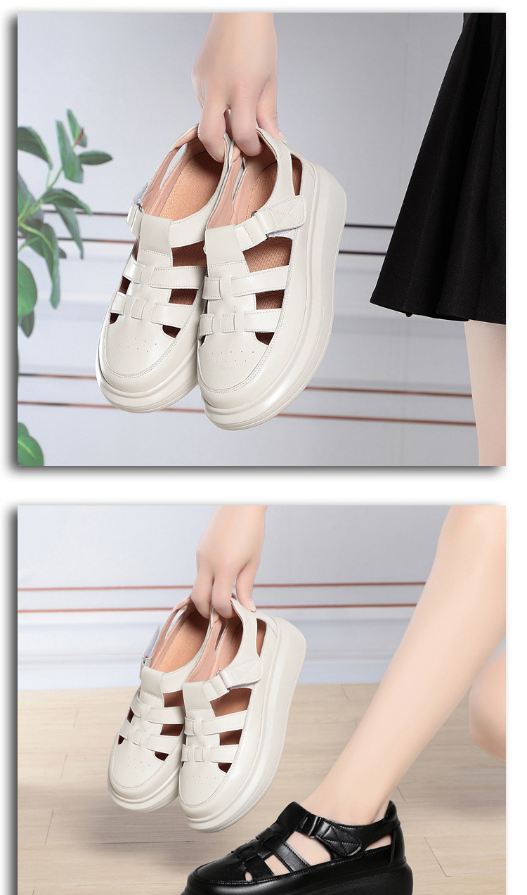 Dép sandal nữ da thật mũi kín quai chữ V đế dày — đen chi tiết 16