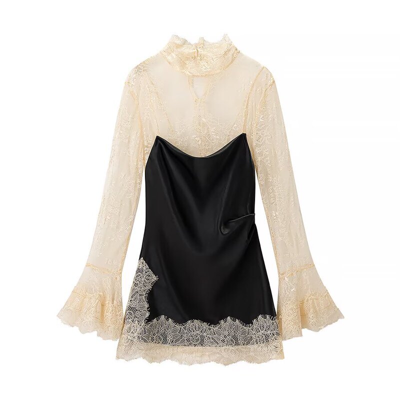 European and American Autumn New Women's Clothing French Retro Sexy Transparent Slim-Fit Lace Splicing Flared Long-Sleeved Dress