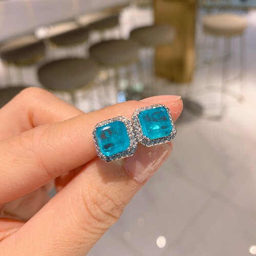 Zhuang Sheng Sheng Jewelry Imitation Paraiba Blue Earrings Main Stone 8*8 Pendant Necklace 20*20 Set