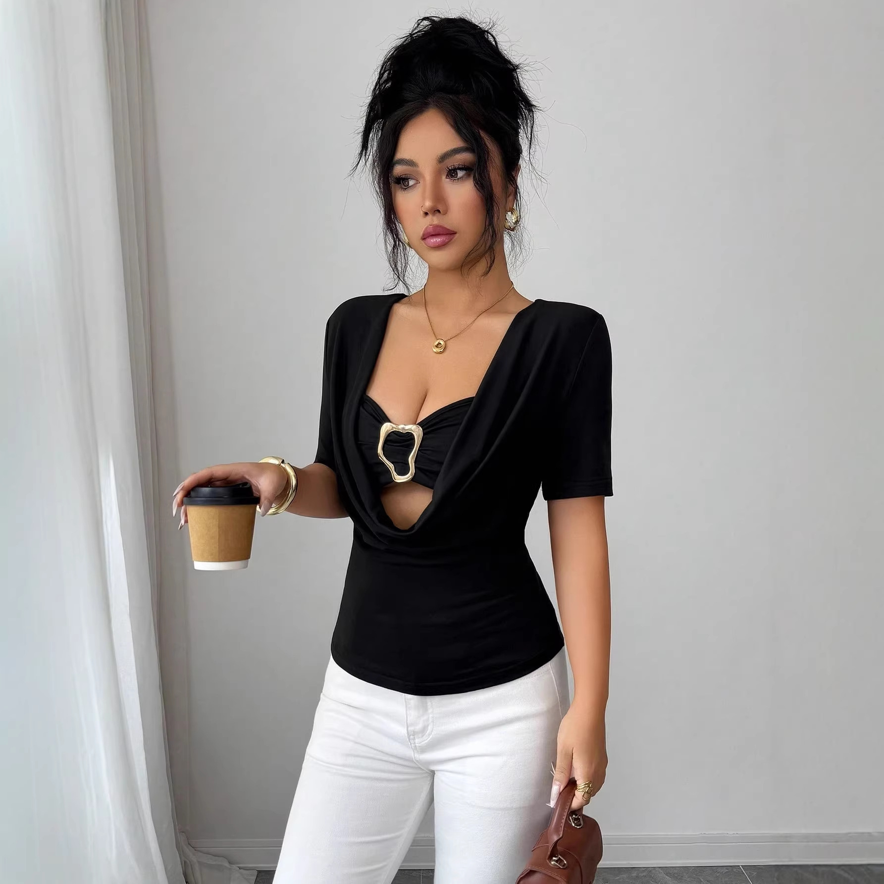 Women's Solid Color Duffle Neck Top With Metal Buckle Faux Two Piece Short Sleeved Trendy Hot Girl_ecoleips.com
