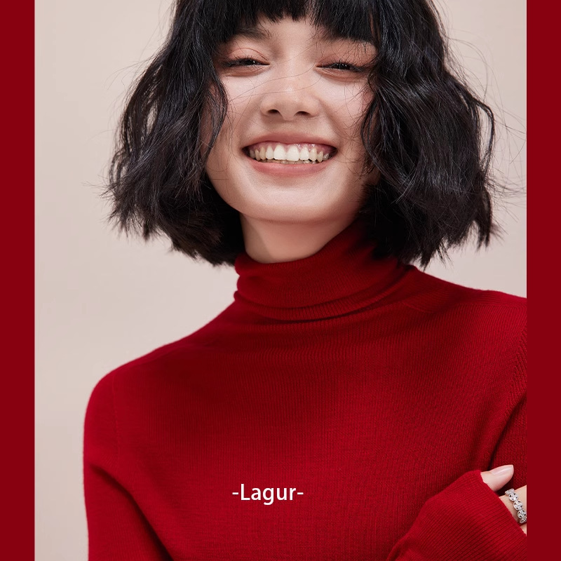 Top Natal New Year Red Seamless One-Piece Yangtze Yarn 100 Wool Knitwear with Women's Slim Turtleneck Knitwear
