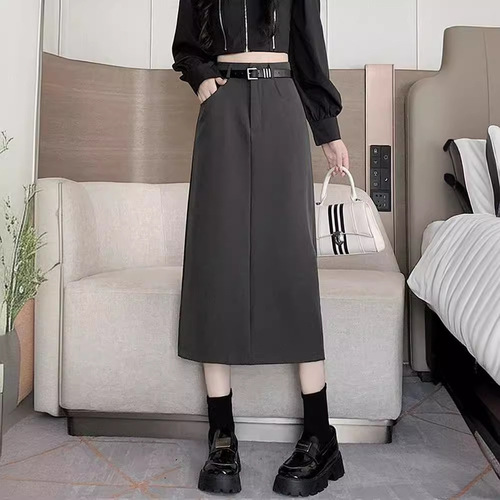 Women's Black Suit Skirt Spring and Autumn High-Waisted Slimming A-Line Skirt with Slits Elegant and Versatile