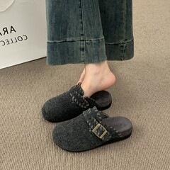 韩版复古晚晚风呢子包头半拖鞋女外穿一脚蹬厚底灰色毛毡勃肯鞋女