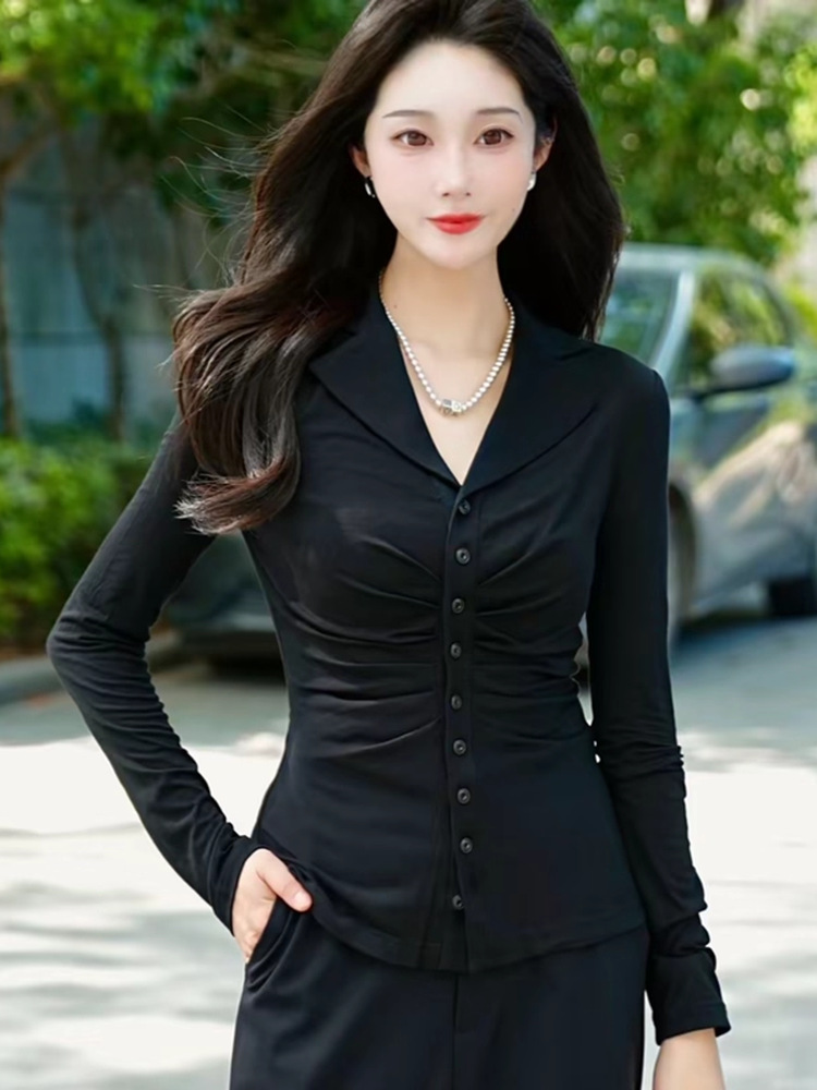 Áo sơ mi nữ tay dài cổ V xếp ly dáng ôm thiết kế đa năng — đen