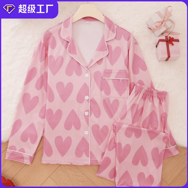 2026 Cross-Border Women's Pajamas Spring and Autumn Long-Sleeved Heart-Pattern Cardigan Loungewear Amazon Southeast Asia Europe and America Thin Pajamas