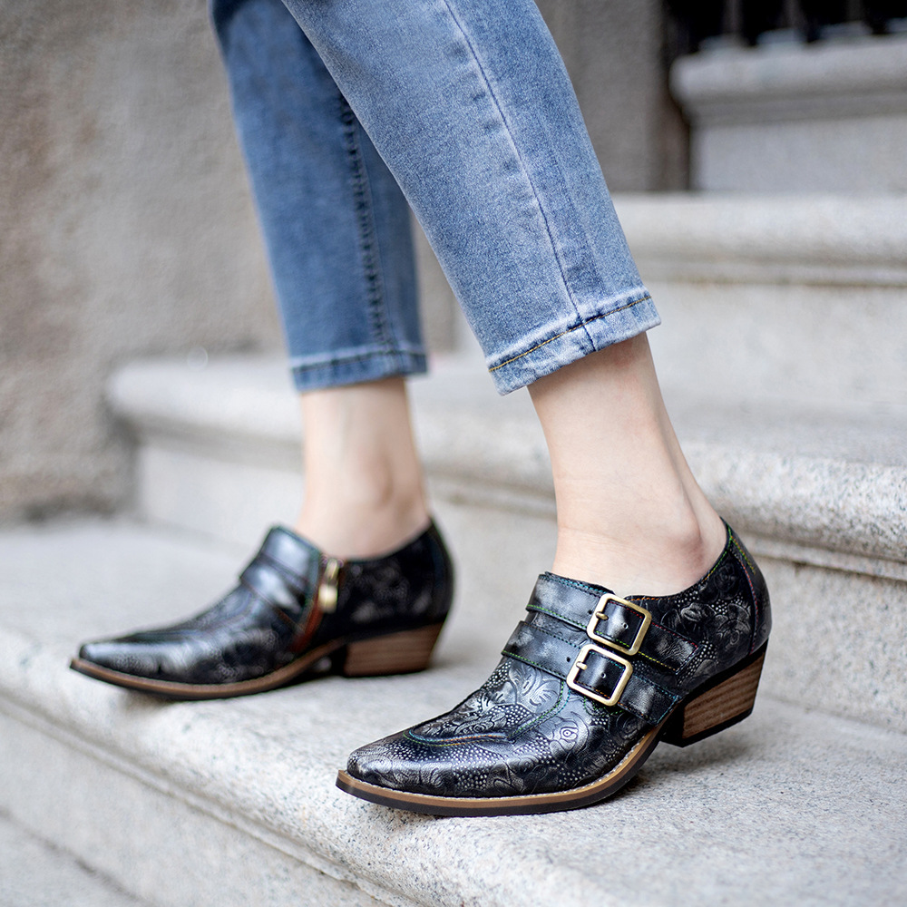 2021 cross-border spring new spot supply genuine leather retro British style dark flower texture women's thick heel shoes