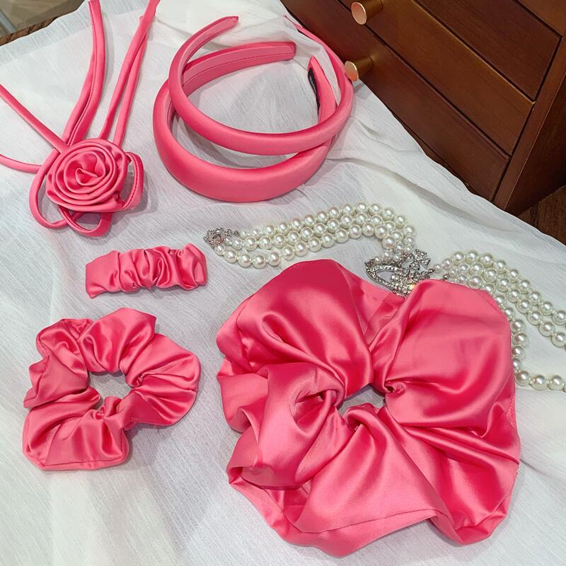 Sweet Elegant Rose Pink Hair Accessories Pleated Hairpin Large Intestine Hair Ring Headband Flower Necklace Fashionable High-End Headwear