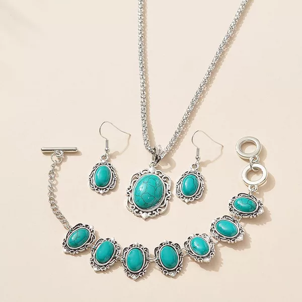 Cross-border European and American New Turquoise Necklace Earrings Bohemian Vintage Turquoise Bracelet Ethnic Style Jewelry suit