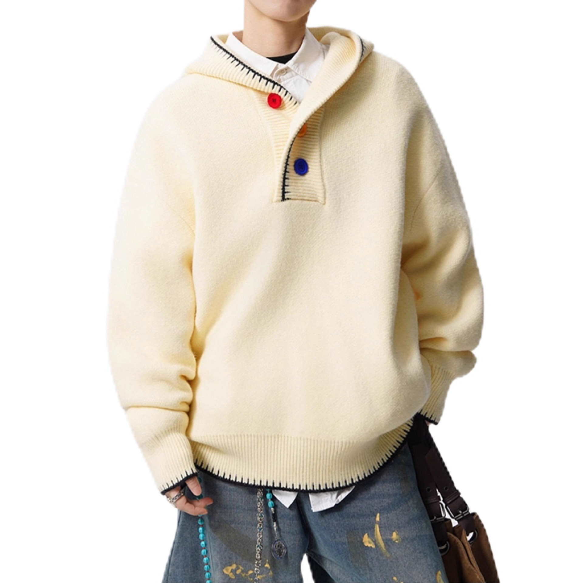 Explosiones transfronterizas europeas de tamaño grande encapuchado tricolor botones de color jersey suéter hombre Henry fábrica de marea al por mayor