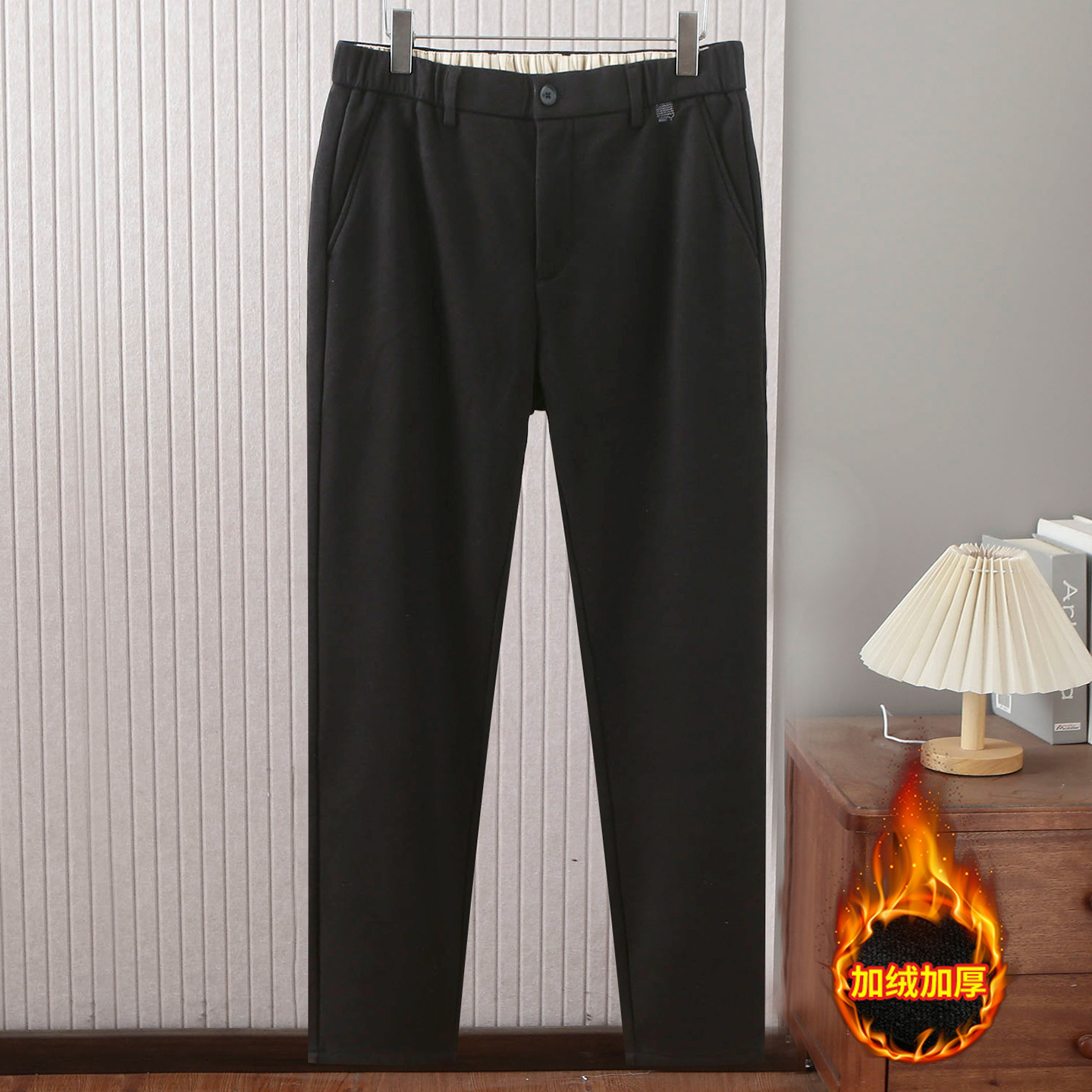 冬季加绒加厚休闲裤男海撤柜半松紧腰弹力直筒保暖长裤子男4U352