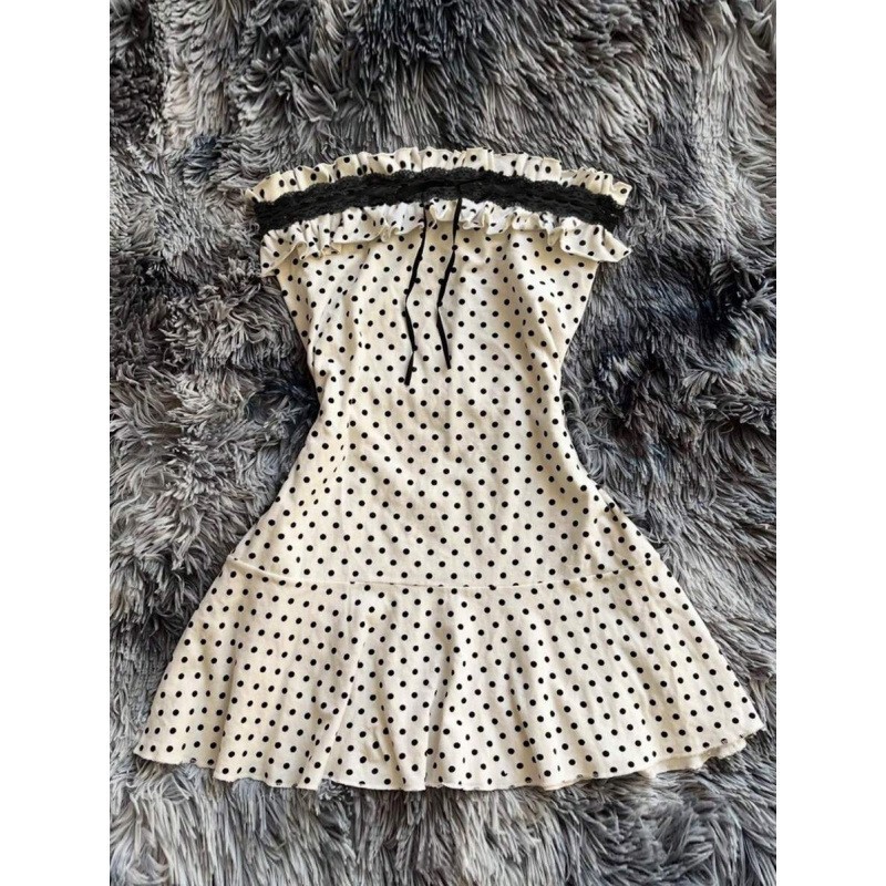 2026 Amazon Stylish Design Waist-Cinching Sleeveless Polka Dot Tube Top Lace Short Dress Sleeveless Dress