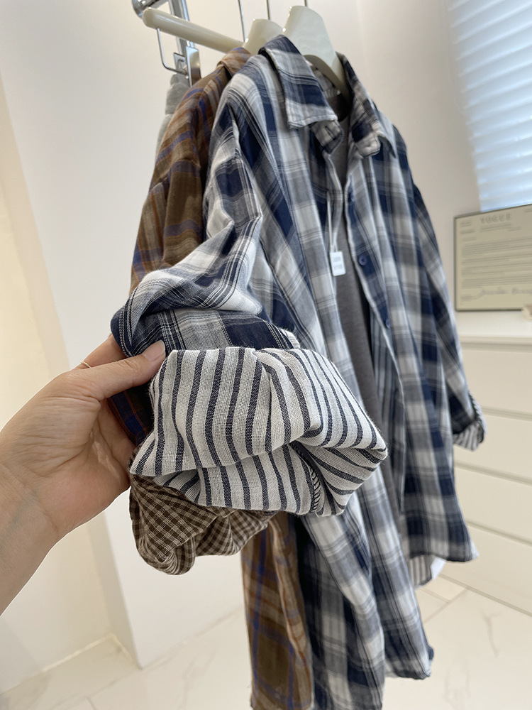 Áo sơ mi nữ dài tay vải gạc cotton hai lớp họa tiết kẻ sọc cổ điển dáng rộng — Kẻ sọc xanh (Bộ sưu tập mùa hè) chi tiết 7