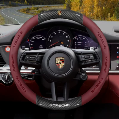 Panamera 718 Taycan 911 Maca | Steering wheel cover - exclusively-for-porsche-burgundy-carbon-fiber-pattern-nappa-leather-default