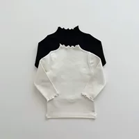 Весенне-осенняя рубашка для девочек в Корейском стиле, маленькая водолазка с деревянными ушками, тонкая футболка, мягкий хлопковый топ