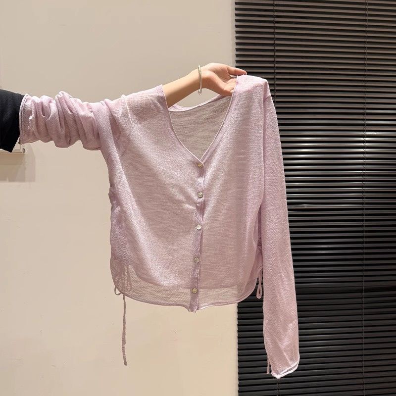 Outlet~Big Brand Surplus V Neck Sun Protection Knitted Long-Sleeved Cardigan Women's Trendy Summer New Drawstring Thin Top