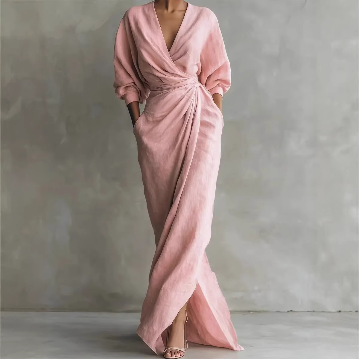 2026欧美跨境亚马逊希音优雅纯色V领长袖开叉收腰口袋长 连衣裙