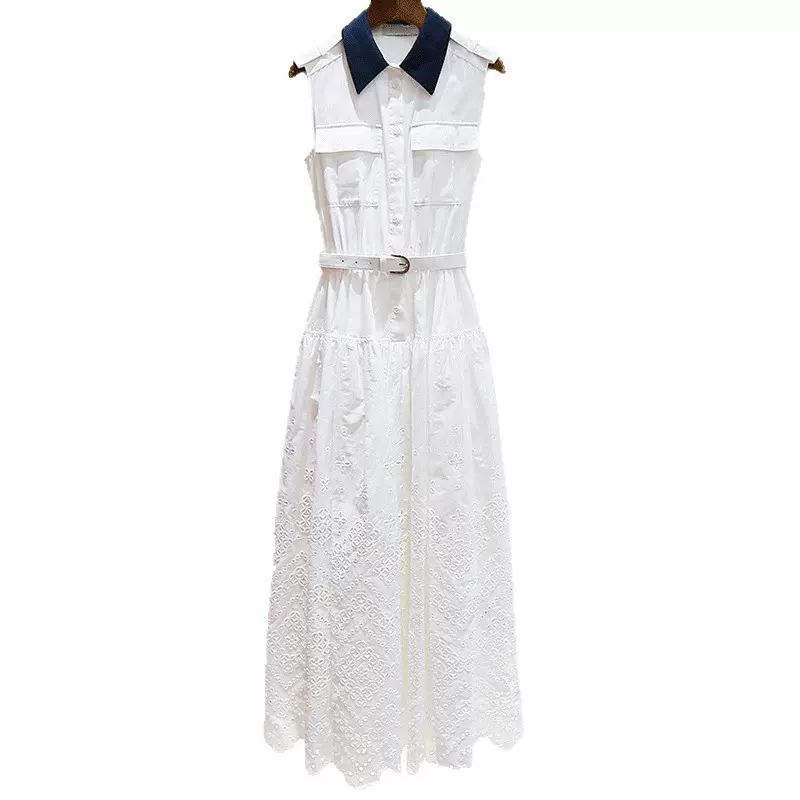 SP家早秋新款高端女装设计感撞色收腰气质显瘦刺绣镂空无袖连衣裙