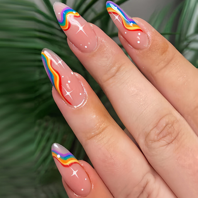Cross-Border Best-Selling Rainbow Striped Press-On Nails Creative Painted Striped French Manicure Nail Pieces Fashion 24 Pieces
