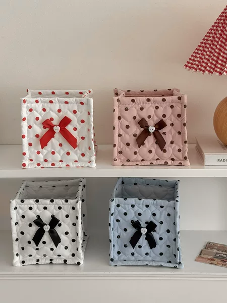 Cross-Border Large Polka Dot Quilted Square Storage Basket with Bowknot Polka Dot Design for Dormitory Desk and Bedside Storage
