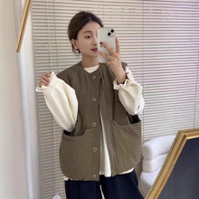 新品韩版宽松简约圆领大口袋夹棉马甲百搭休闲无袖上衣女