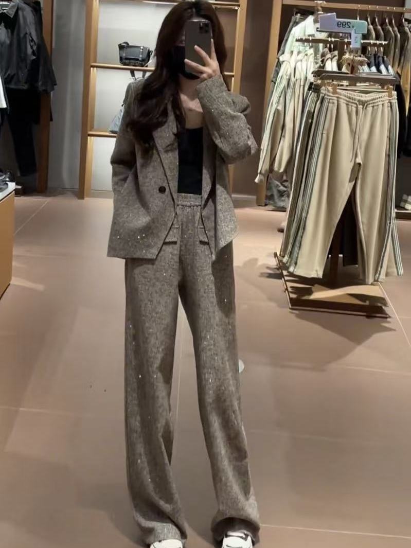 GraceChic Autumn New Style Irregular Shiny Blazer Jacket For Women With High Waist Wide Leg Pants Two-Piece Set_voghion.com