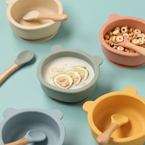 Amazon's best-selling children's silicone bowl cartoon bear all-in-one dinner plate baby learning eating tableware with suction cup bowl