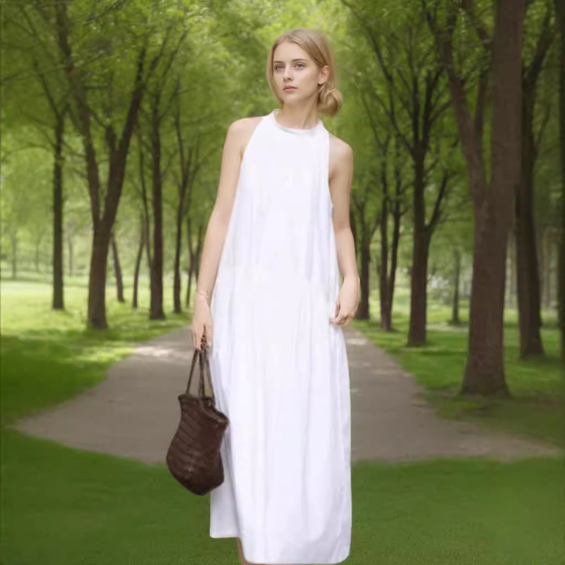 Ins*Is2026 New Summer Women's Clothing, Southern French Resort Style High-Density Cotton Stand-Up Collar Halter A-Line Long Dress