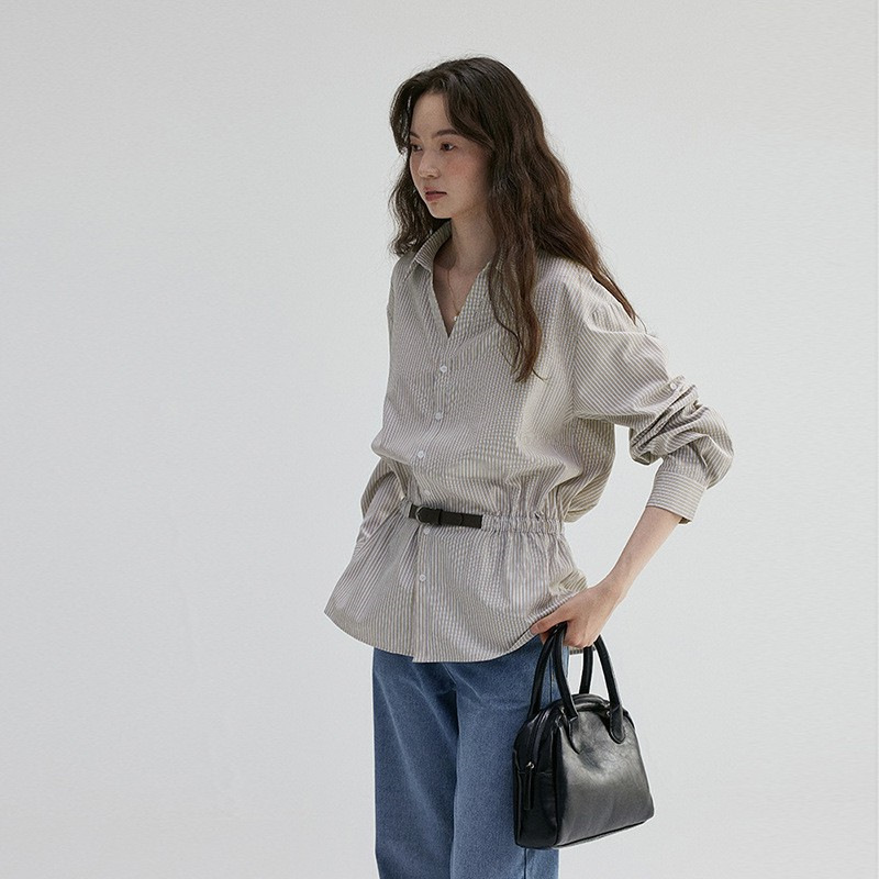 "Wasabi Pie Vooe" Design V Neck Waist Stripesd Loose Shirt Women's Early Autumn New Elegant Work Clothing Top