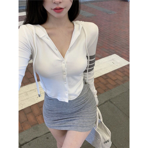 Spring and Autumn Thin Long Sleeve Sweatshirt Women Student Hooded Short Tight Revealing Large Open Cardigan Top Winter