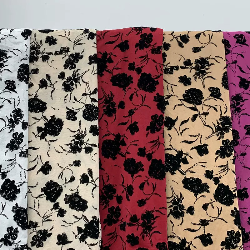 品质亲肤透气锦氨弹力网布水墨玫瑰植绒面料女装T 恤防晒衣布料现