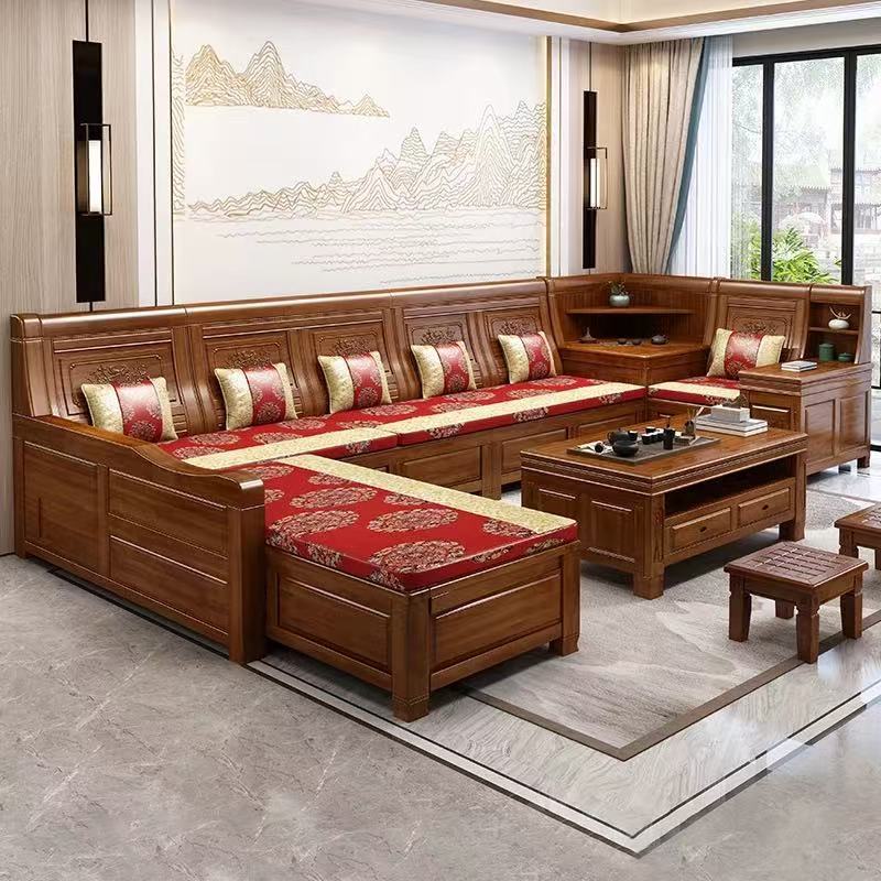 All Solid Wood Sofa Camphor Wood Combination Living Room Antique Sofa Chinese Classical Rural Corner Chaise Storage Sofa