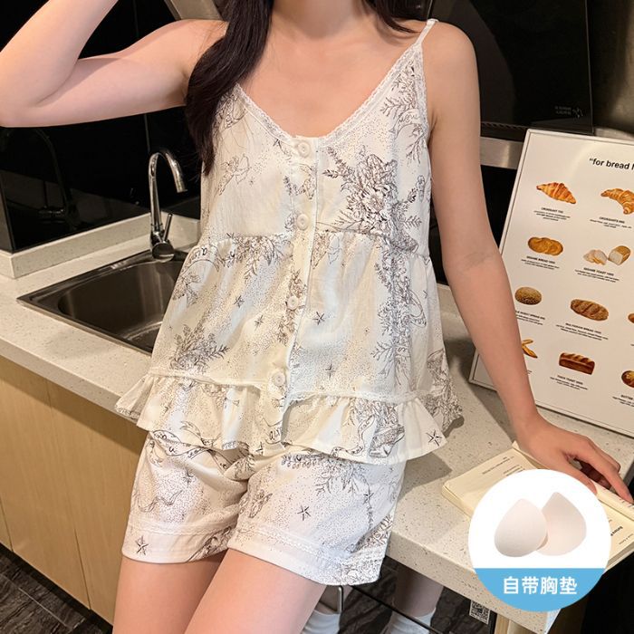 Venta al por mayor transfronteriza verano nuevo estilo cabestrillo cárdigan con almohadilla para el pecho pijama de algodón de nube desmontable traje de servicio a domicilio sexy para mujer