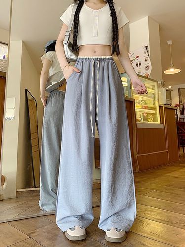Floral Ice Silk Wide Leg Pants for Women - Summer Thin Model High-Waisted Loose Plus Size Petite Texture Straight Leg Pants