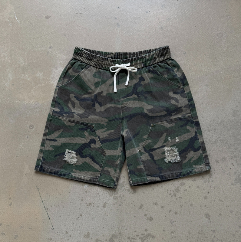 26Ss Heavyweight Washed Distressed Camouflage Loose Elastic Waist Drawstring Outdoor Lumberjack Shorts for Men Trendy 26Ss Heavyweight Washed Distressed Camouflage Loose Elastic Waist Drawstring Outdoor Lumberjack Shorts for Men Trendy