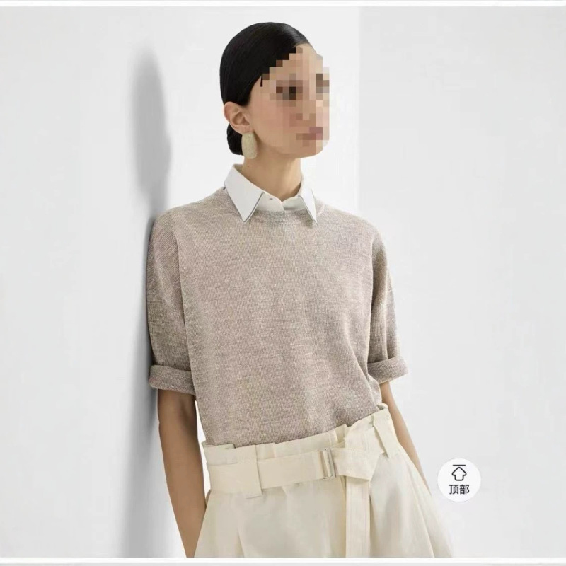 Original Foreign Trade Summer New Model Women's Bc Loose Fit Drop Shoulder Sand Gray Shimmering Round Neck Short Sleeve Casual Knit Top Original Foreign Trade Summer New Model Women's Bc Loose Fit Drop Shoulder Sand Gray Shimmering Round Neck Short Sleeve Casual Knit Top