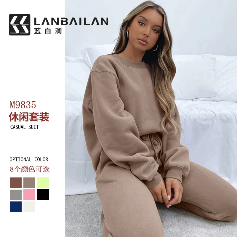 Трансграничные европейские и американские осенние и зимние сплошные брюки с круглым вырезом брюки женская мода повседневная одежда с длинными рукавами на складе