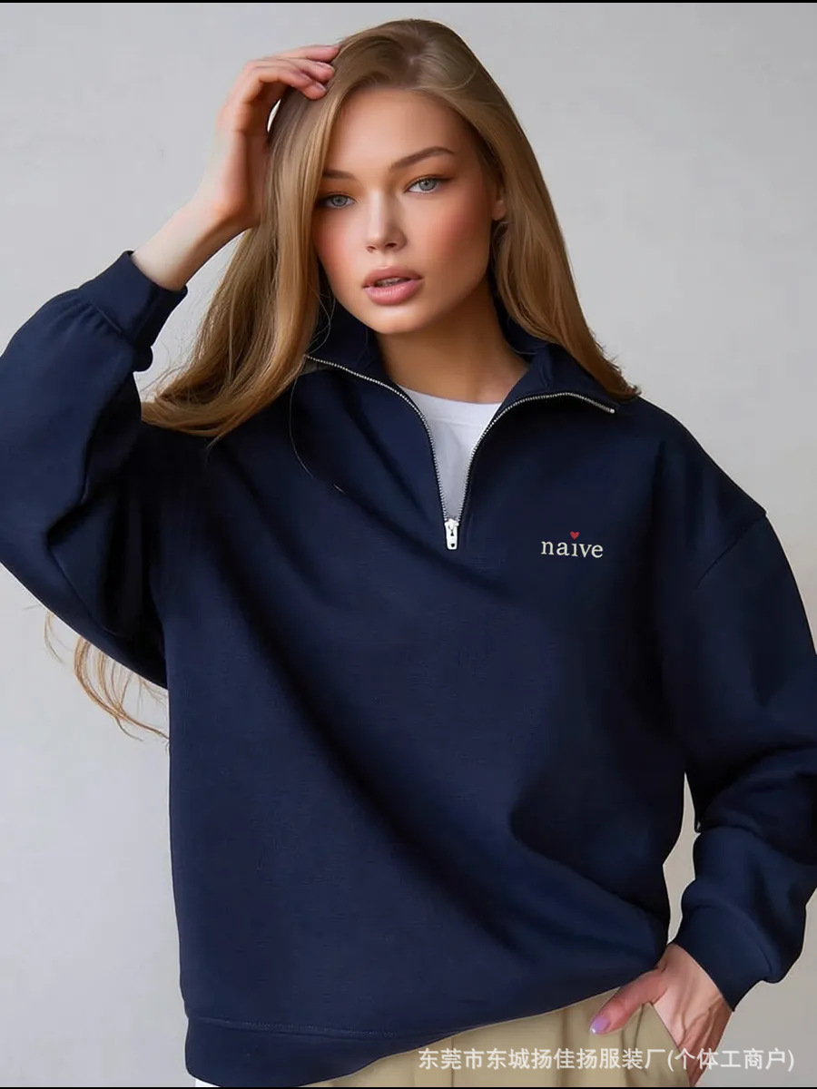 Autumn and Winter Vintage Casual Versatile Trendy Artistic Letter Print Slim-Fit Thickened Polo Collar Half-Zip Sweatshirt