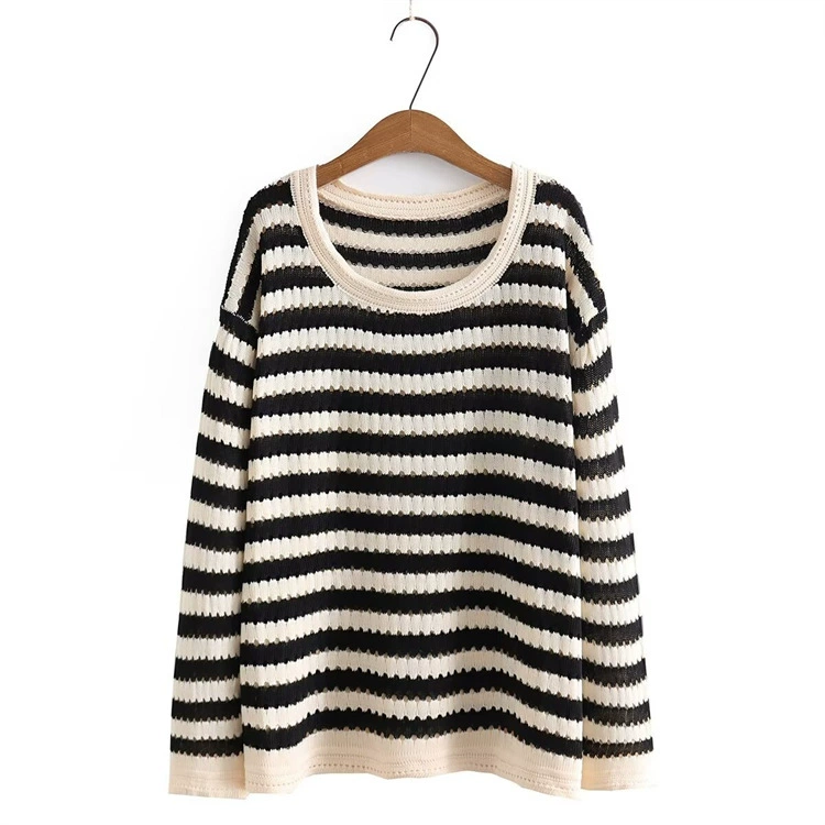 Весенний Универсальный вязаный Топ Chubby Girl больших размеров, свободный облегающий полый свитер в Корейском стиле в полоску контрастных цветов 102