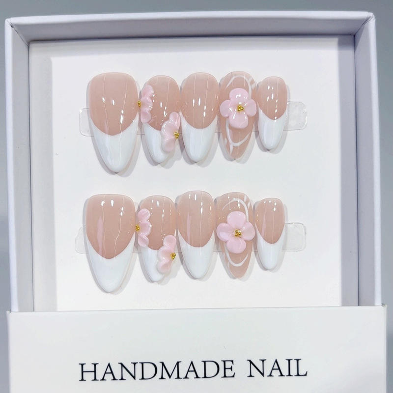 Cross-Border European and American Mid-Length Almond Manicure French Handmade Wearable Nails Sweet and Gentle Fake Nails Finished Products Wholesale