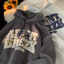 美式连帽印花卫衣潮流潮牌男士上衣2024秋冬季宽松新款加绒外套