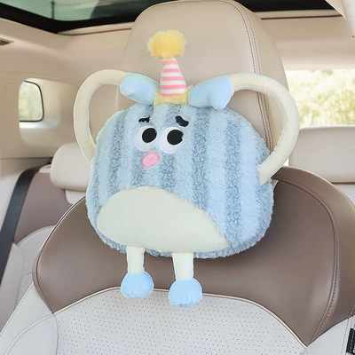 Car Headrest Waist Cushion suit Creative Cushion Cartoon Plush Female Neck Waistrest Car Supplies Headrest (Headrest) - striped-monster-blue-headrest