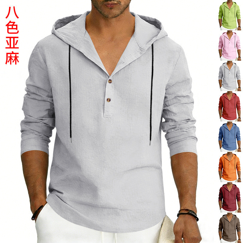 Cross-Border Men's Solid Color Casual Long-Sleeve Shirt with Hooded Drawstring Cotton-Linen Pullover, Versatile Loose-Fitting Outdoor Beach T-Shirt