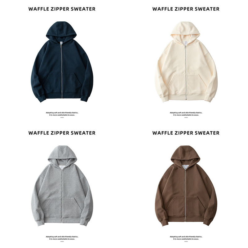 Waffles Heavy Zipper Sweater Men's Japanese Style Retro Loose Solid Color Cardigan Hoodie Trendy Brand Men's Coat Autumn