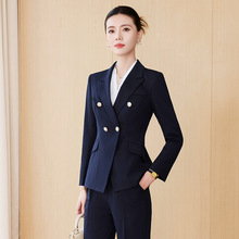 秋冬高档色纺戗驳领职业装女经理阔腿裤正装西装双排扣西服套装