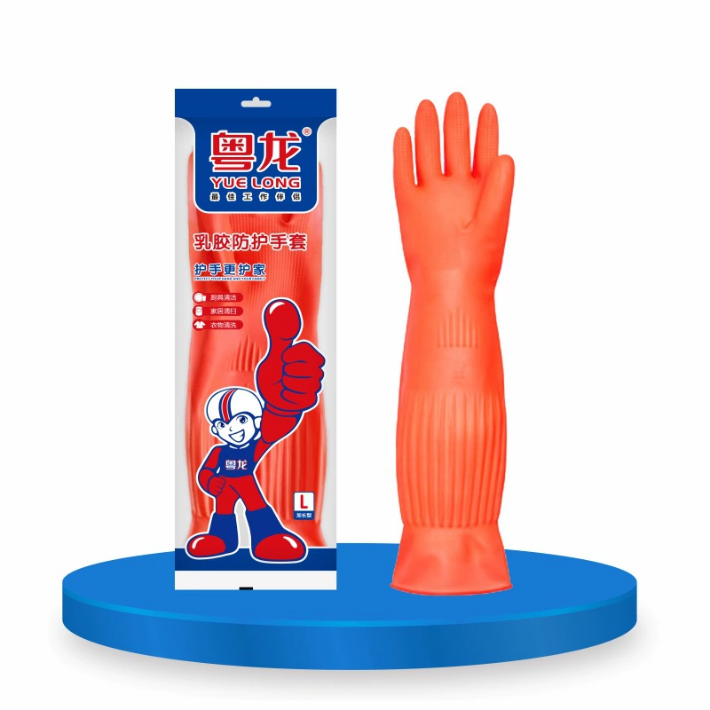 粤龙 Extended latex gloves for household kitchen dishwashing rubber durable thickened laundry labor protection industrial gloves wholesale